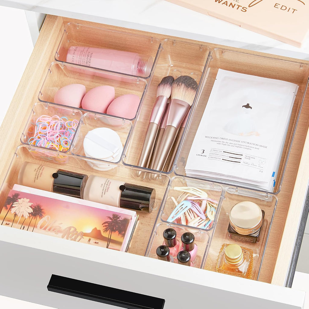 25-Piece Clear Plastic Drawer Organizer Set – 4 Sizes Versatile Storage Bins for Bathroom, Kitchen, Makeup & Office Drawers